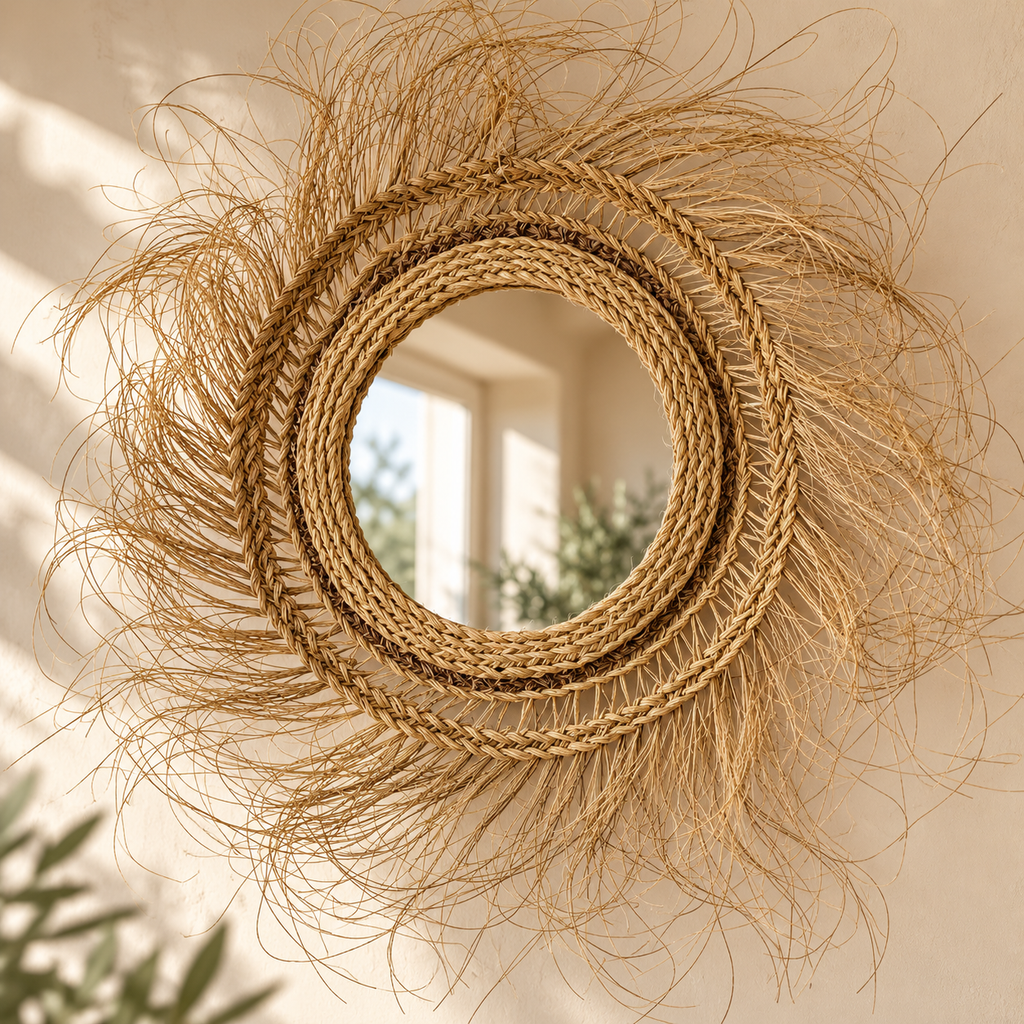 Miroir soleil en raphia naturel, style bohème — Kartouzou