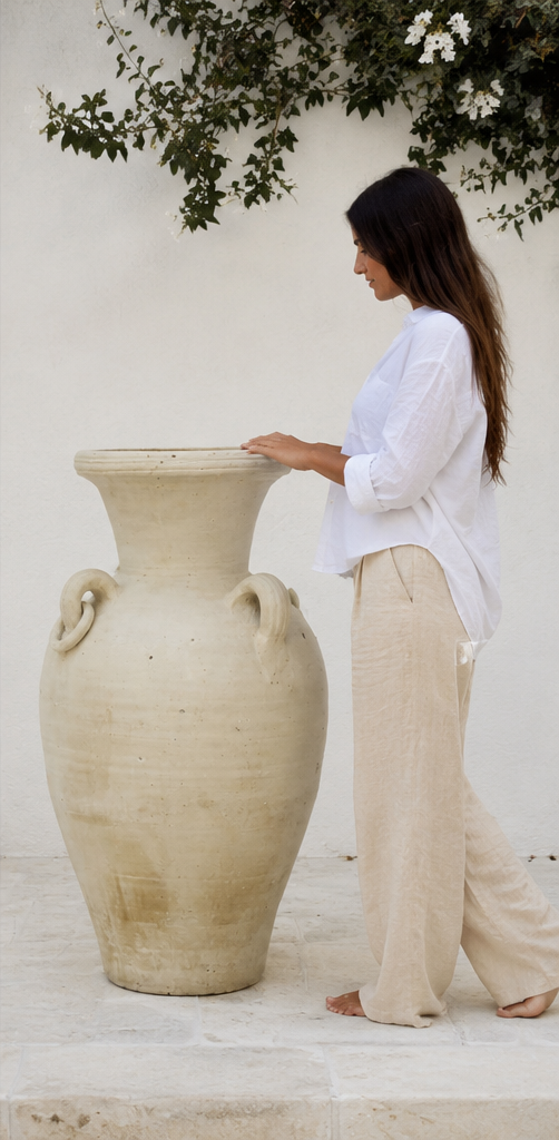 Large Beige Decorative Vase with Handles — styled setting
