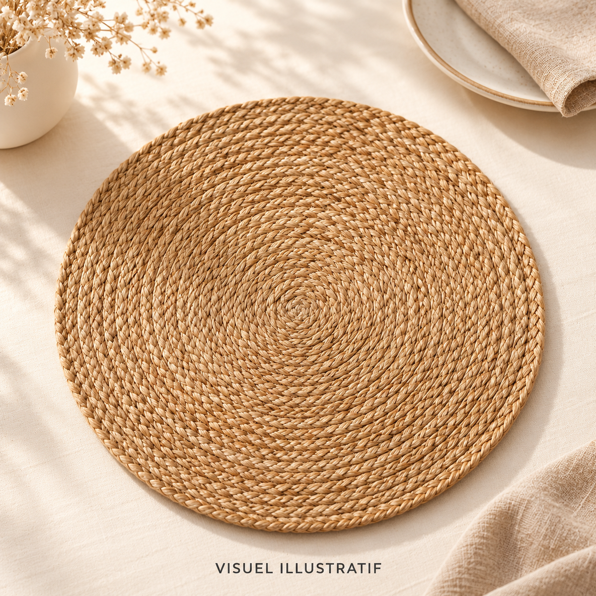 Visuel illustratif généré par IA — Set de table rond en jute – style naturel ; modèle à confirmer