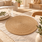 Visuel illustratif généré par IA — Set de table rond en jute – style naturel ; modèle à confirmer