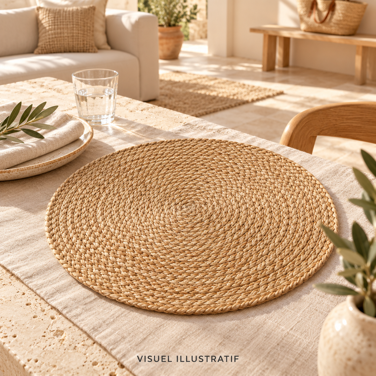 Visuel illustratif généré par IA — Set de table rond en jute – style naturel ; modèle à confirmer