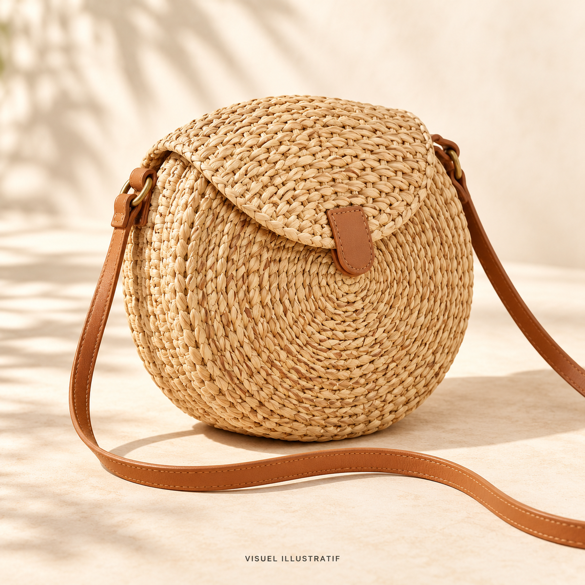 Visuel illustratif généré par IA — Sac bandoulière tressé ; modèle à confirmer