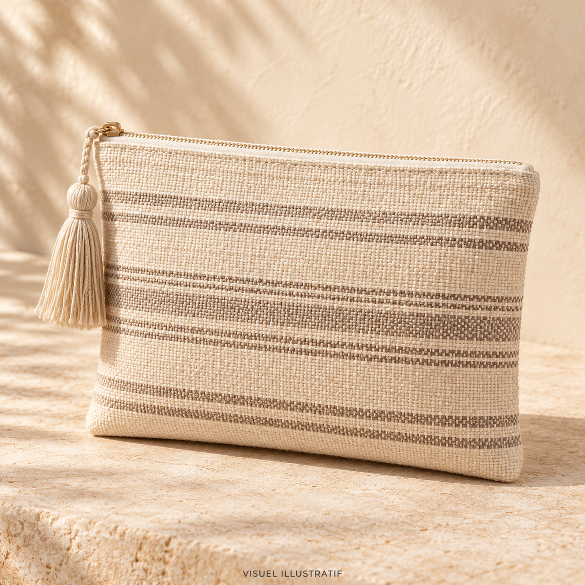 Visuel illustratif généré par IA — Pochette tissée ; modèle à confirmer