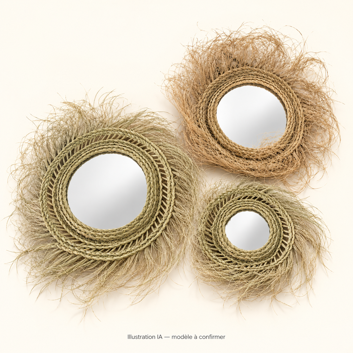 Miroir rond tressé à franges – esprit bohème — illustration IA, modèle à confirmer ; fond clair