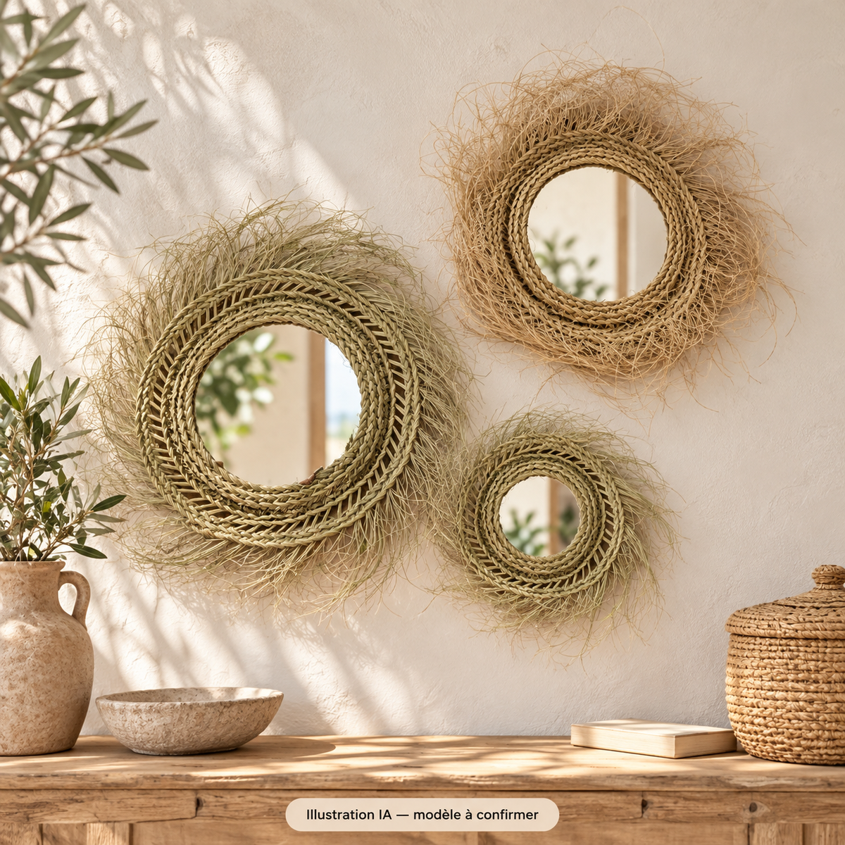 Miroir rond tressé à franges – esprit bohème — illustration IA, modèle à confirmer ; mise en scène