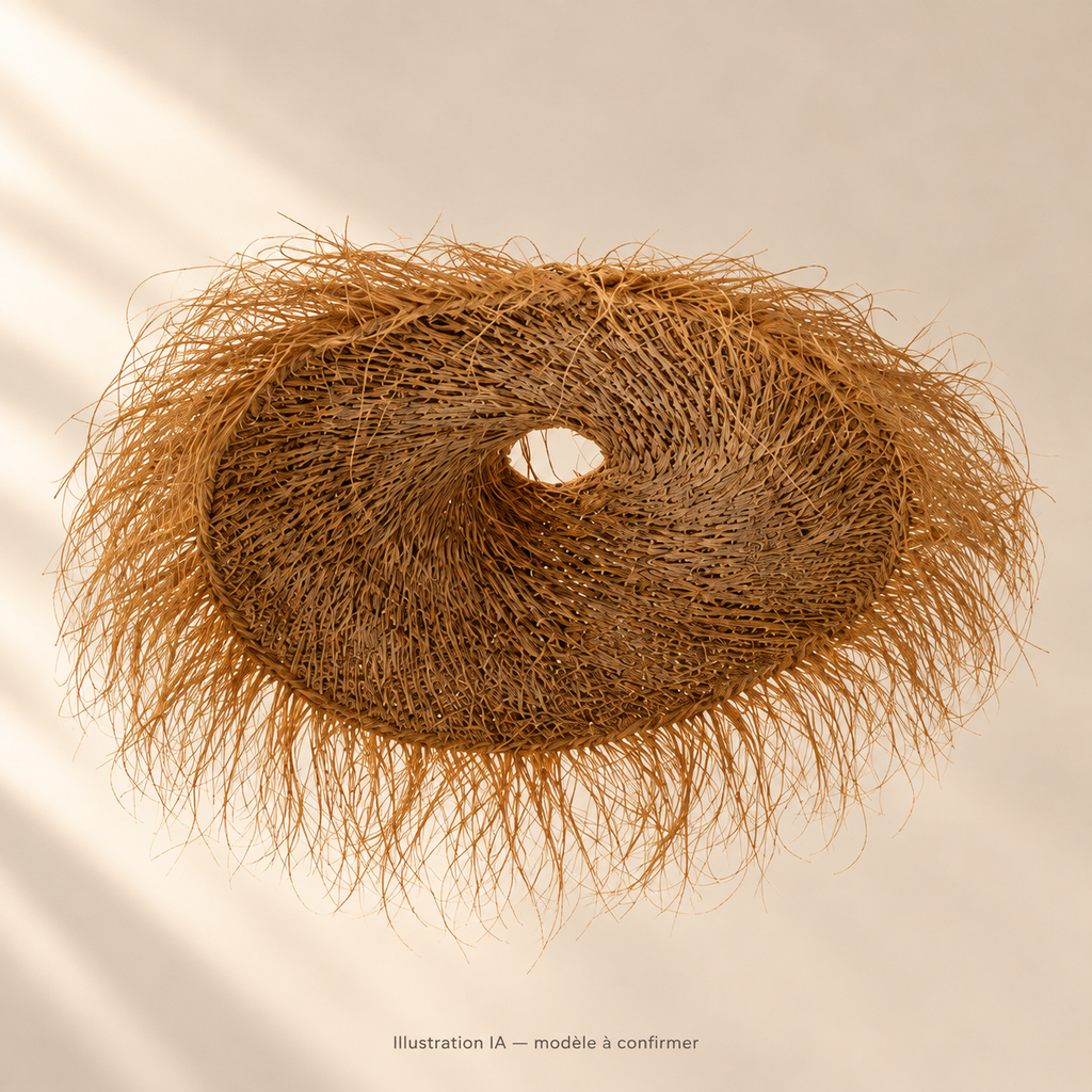 Abat-jour rond à franges – style bohème — illustration IA, modèle à confirmer ; présentation alternative