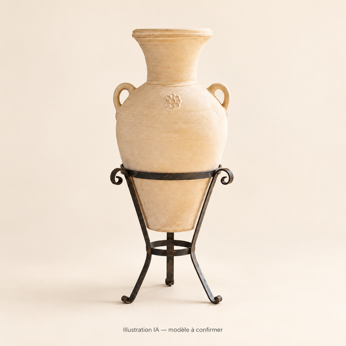 Jarre décorative beige à anses – modèle sur support — illustration IA, modèle à confirmer ; fond clair