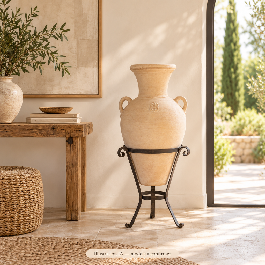 Jarre décorative beige à anses – modèle sur support — illustration IA, modèle à confirmer ; mise en scène