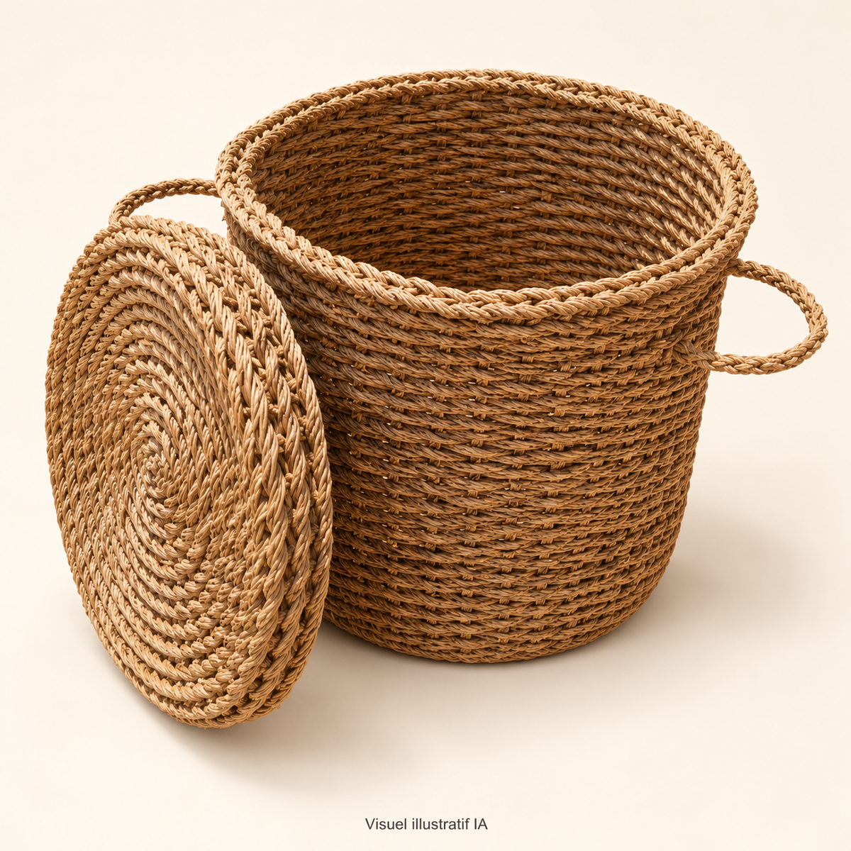 Panier tressé rond avec couvercle et anses — visuel illustratif IA (fond clair)