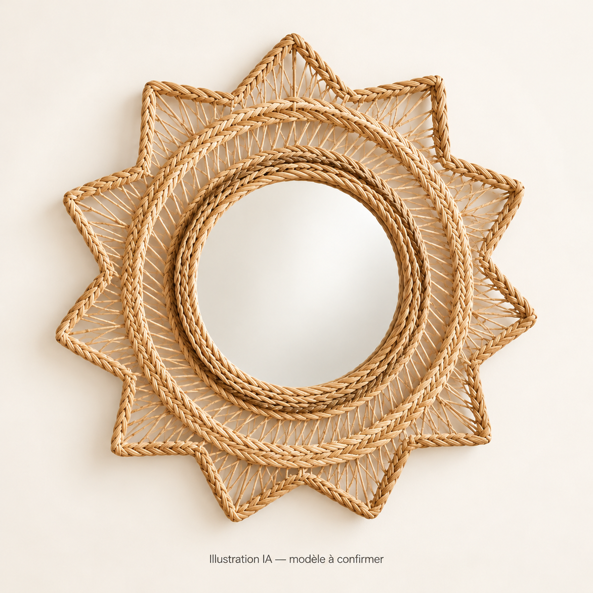 Miroir soleil tressé à pointes – décoration murale — illustration IA, modèle à confirmer ; fond clair