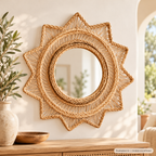 Miroir soleil tressé à pointes – décoration murale — illustration IA, modèle à confirmer ; mise en scène