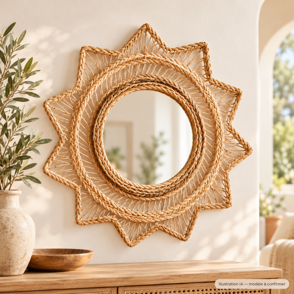 Miroir soleil tressé à pointes – décoration murale — illustration IA, modèle à confirmer ; mise en scène