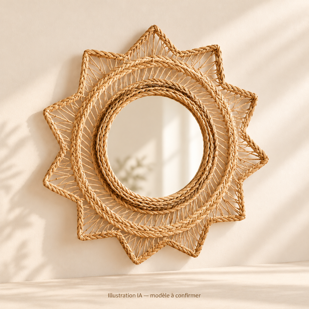 Miroir soleil tressé à pointes – décoration murale — illustration IA, modèle à confirmer ; présentation alternative