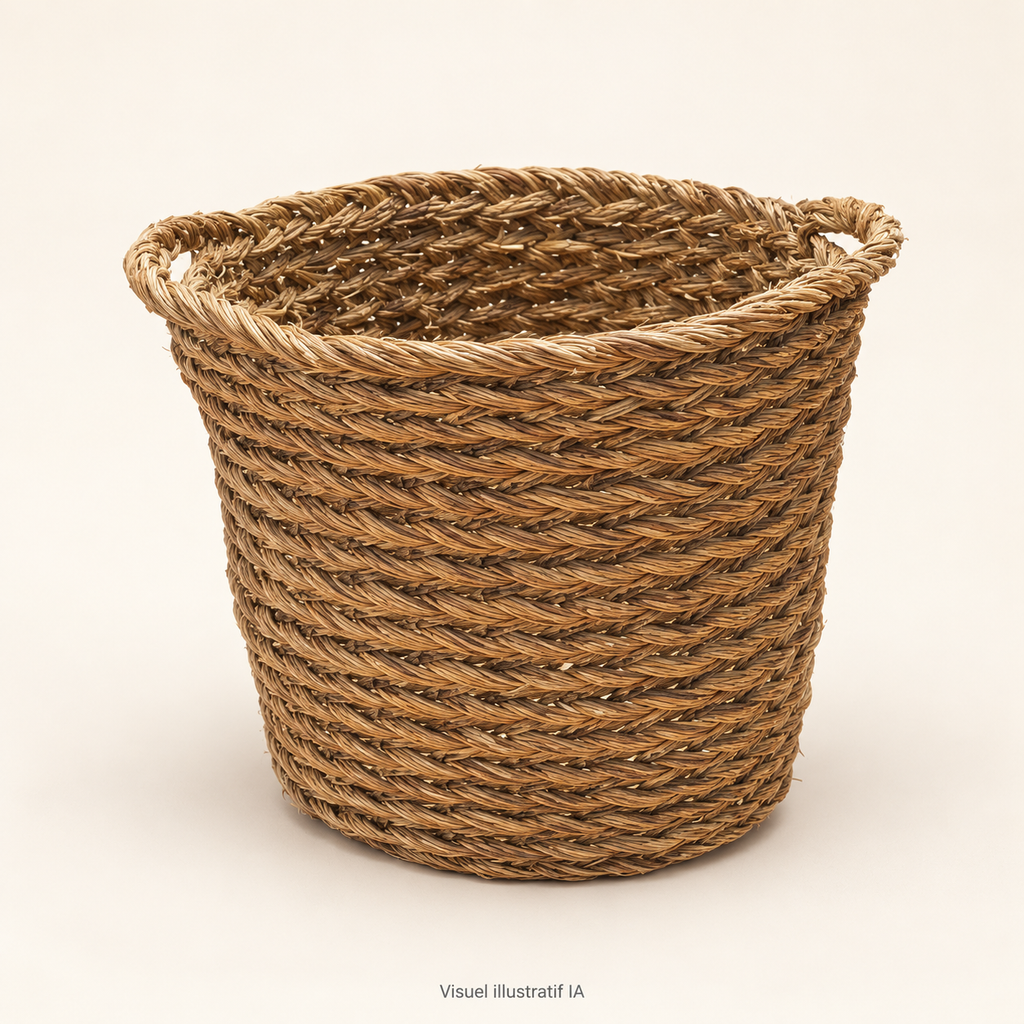 Corbeille ronde tressée à anses intégrées — visuel illustratif IA (fond clair)