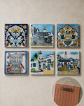 Six square decorative wall plaque designs and a reverse-side hanging detail, supplied selection image.