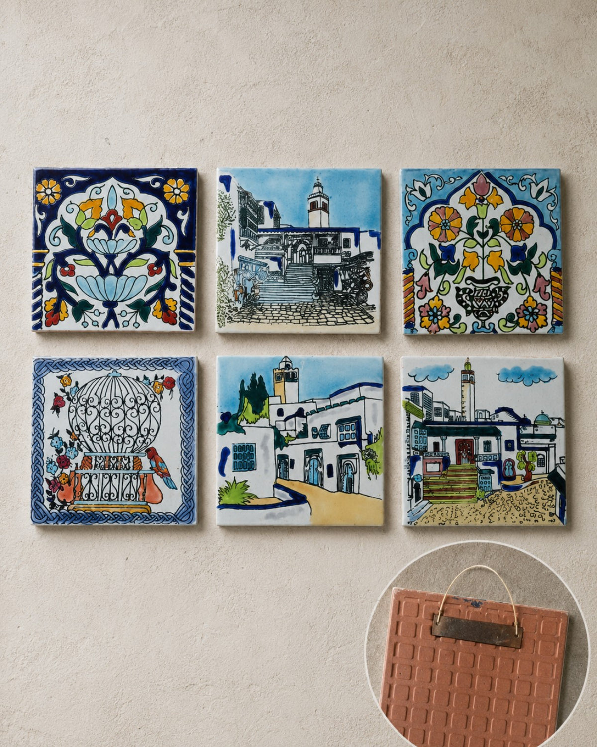 Six square decorative wall plaque designs and a reverse-side hanging detail, supplied selection image.