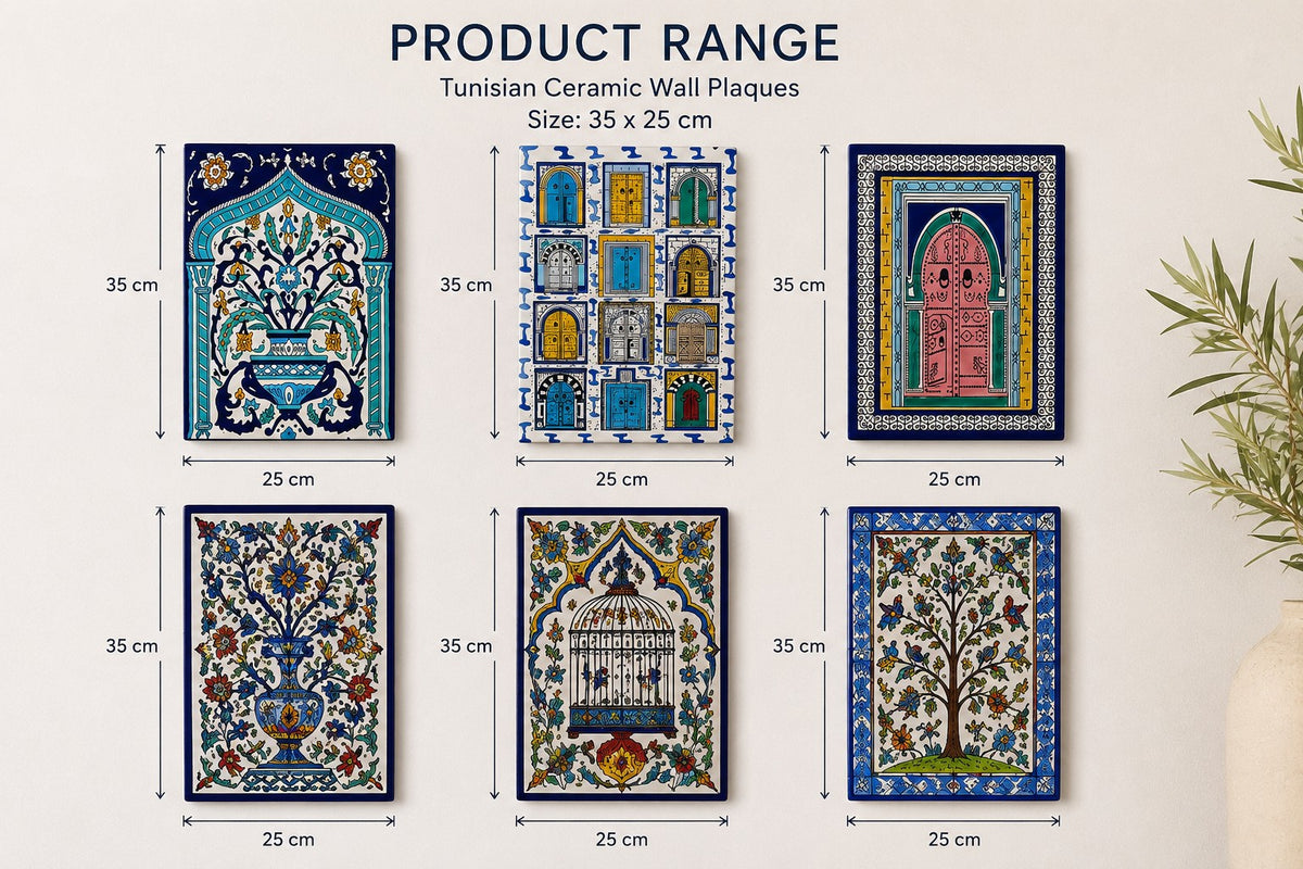 Six ceramic wall plaque designs labelled 35 by 25 cm, supplied selection image.