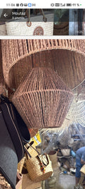 Angular brown woven lampshade, central item in the supplied screenshot.