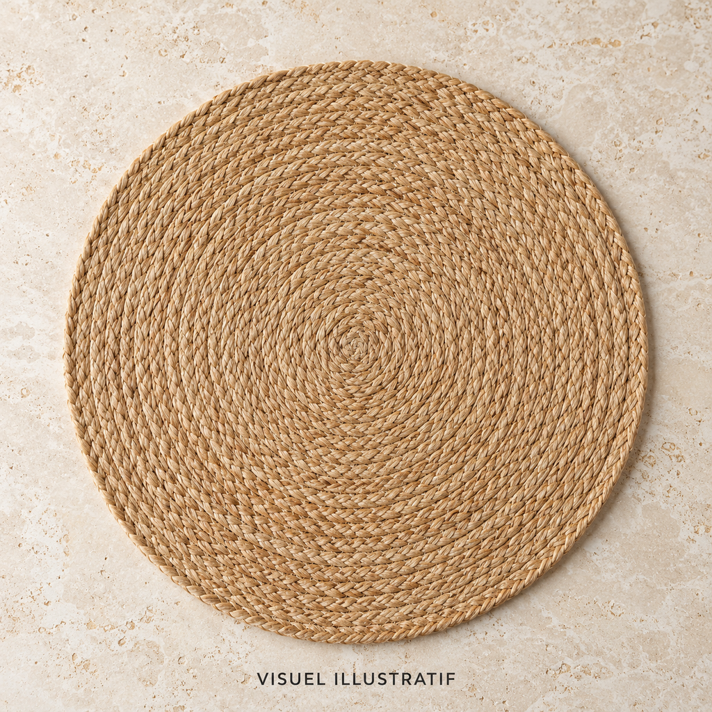 Visuel illustratif généré par IA — Set de table rond en jute – style naturel ; modèle réel à confirmer
