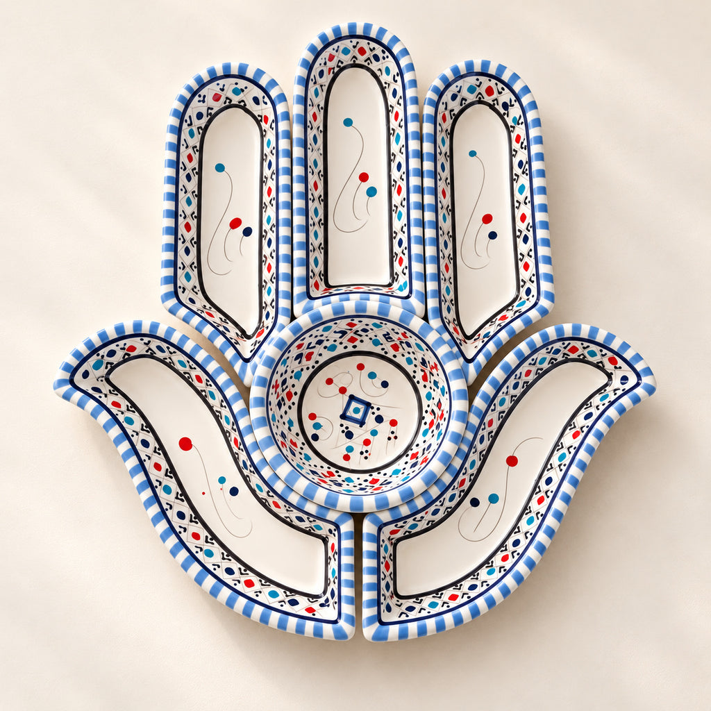 Blue and White Hamsa Appetiser Serving Dish — studio view. AI-generated product visualisation.