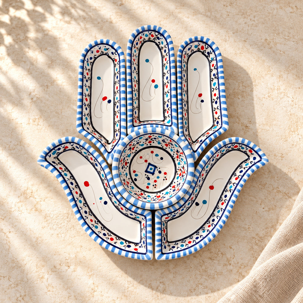 Blue and White Hamsa Appetiser Serving Dish — alternative presentation. AI-generated product visualisation.
