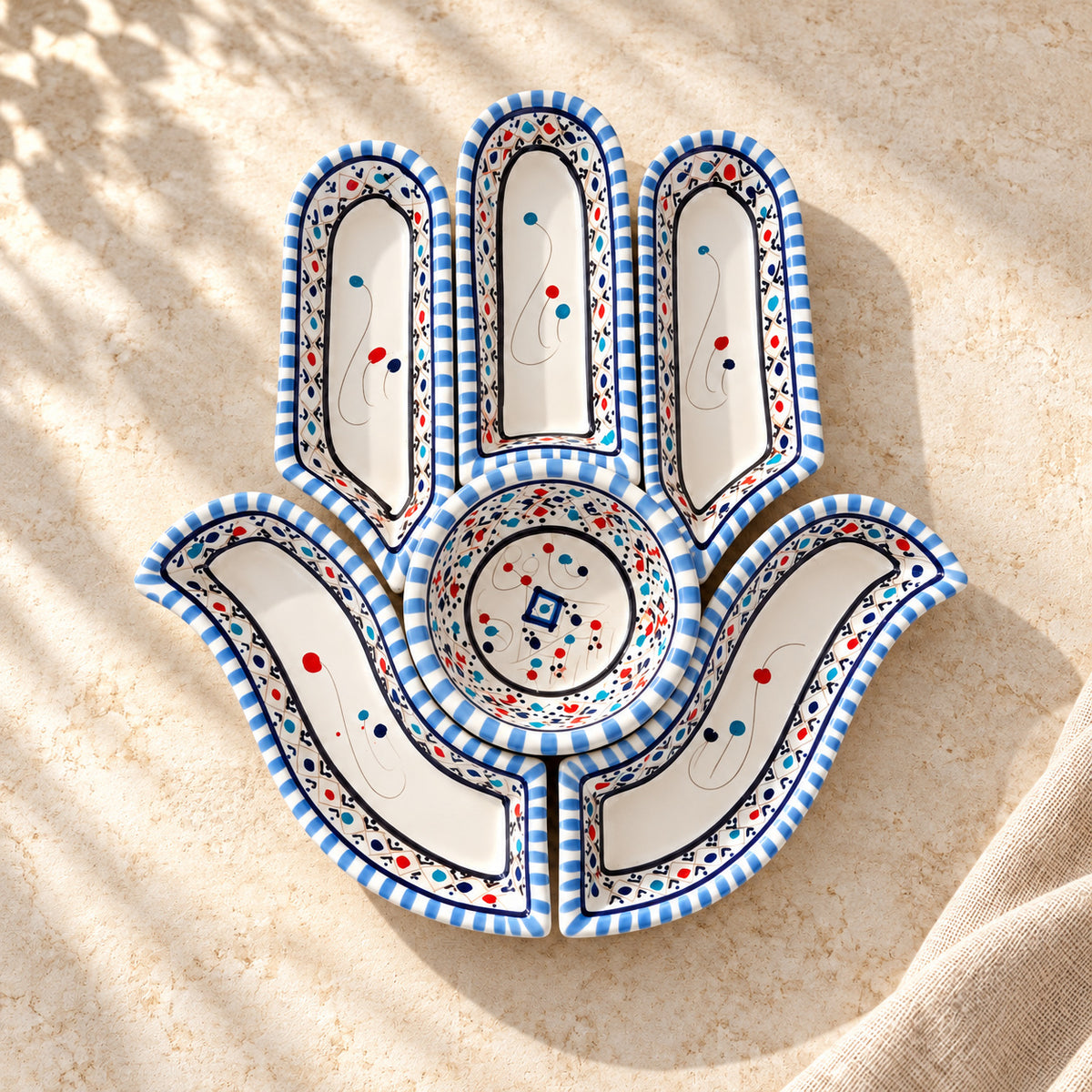 Blue and White Hamsa Appetiser Serving Dish — alternative presentation. AI-generated product visualisation.