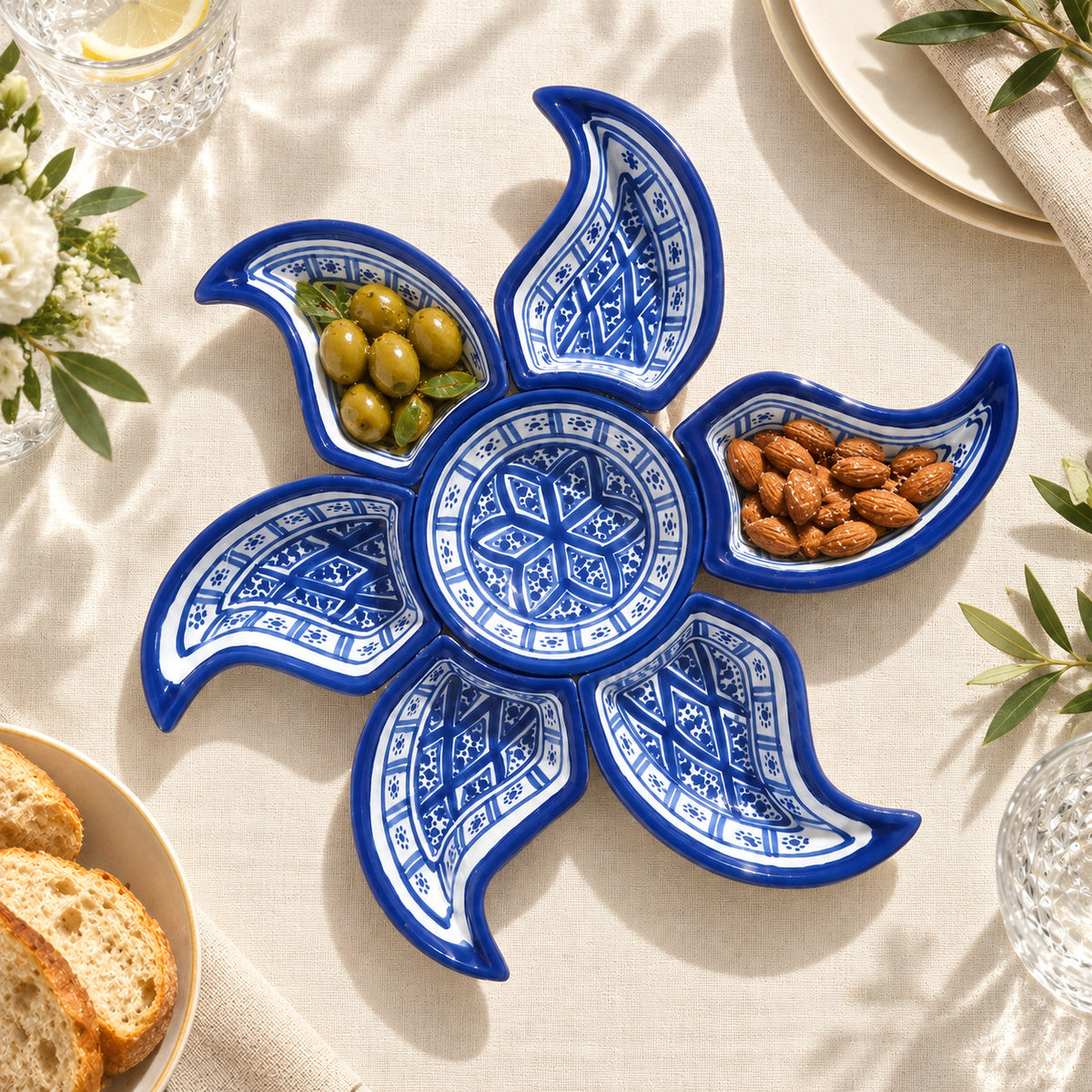 Blue and White Sun-Shaped Appetiser Serving Dish — lifestyle setting. AI-generated product visualisation.