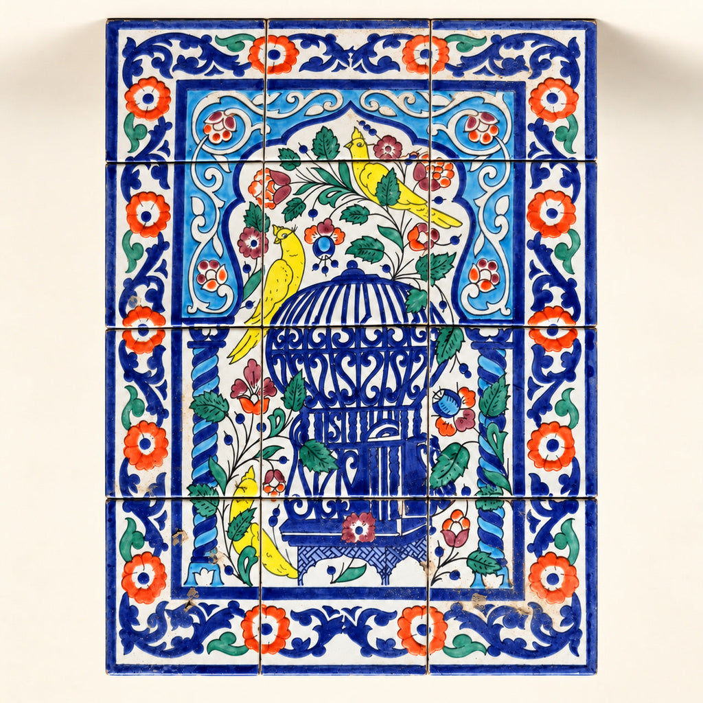 Blue Birdcage and Flowers Decorative Tile Panel — studio view. AI-generated product visualisation.