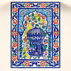 Blue Birdcage and Flowers Decorative Tile Panel — studio view. AI-generated product visualisation.
