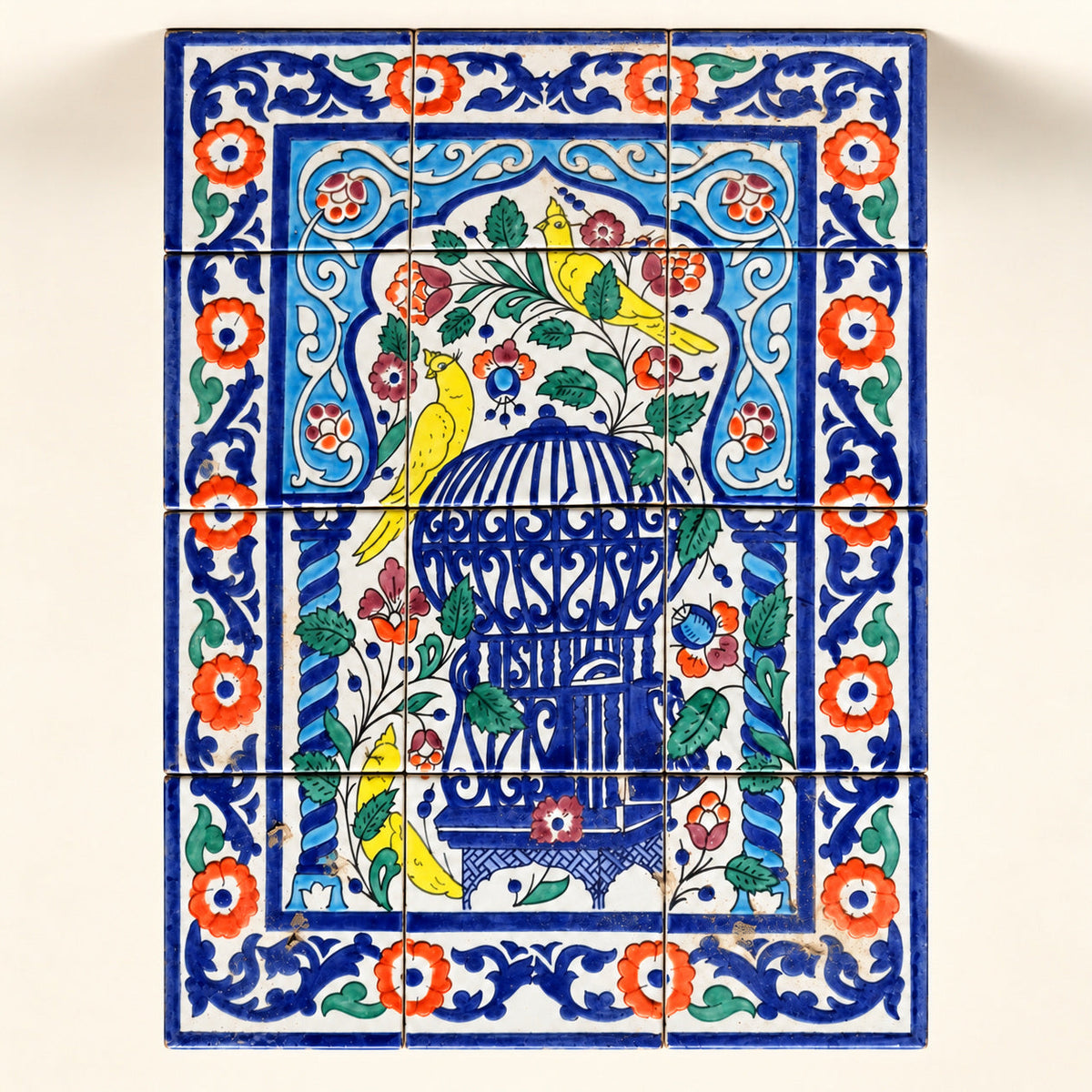Blue Birdcage and Flowers Decorative Tile Panel — studio view. AI-generated product visualisation.