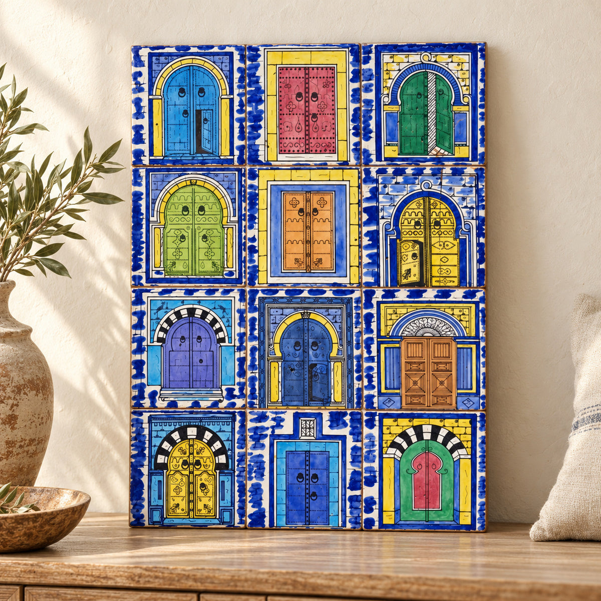 Colourful Door Motifs Decorative Tile Panel — styled interior presentation. AI-generated product visualisation.