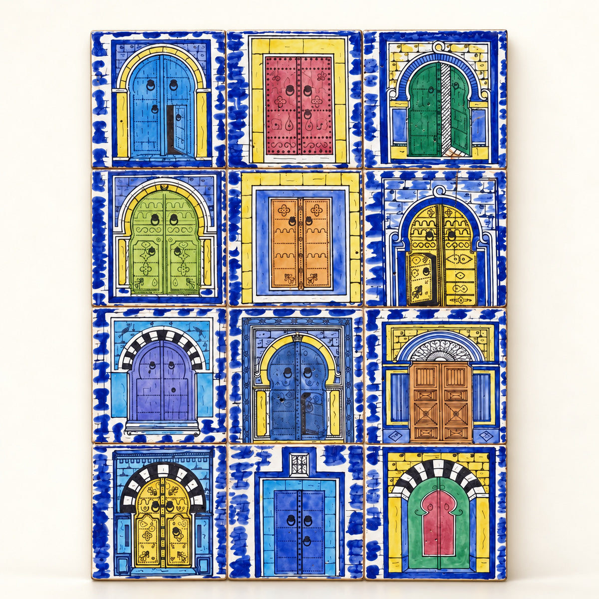 Colourful Door Motifs Decorative Tile Panel — studio view. AI-generated product visualisation.