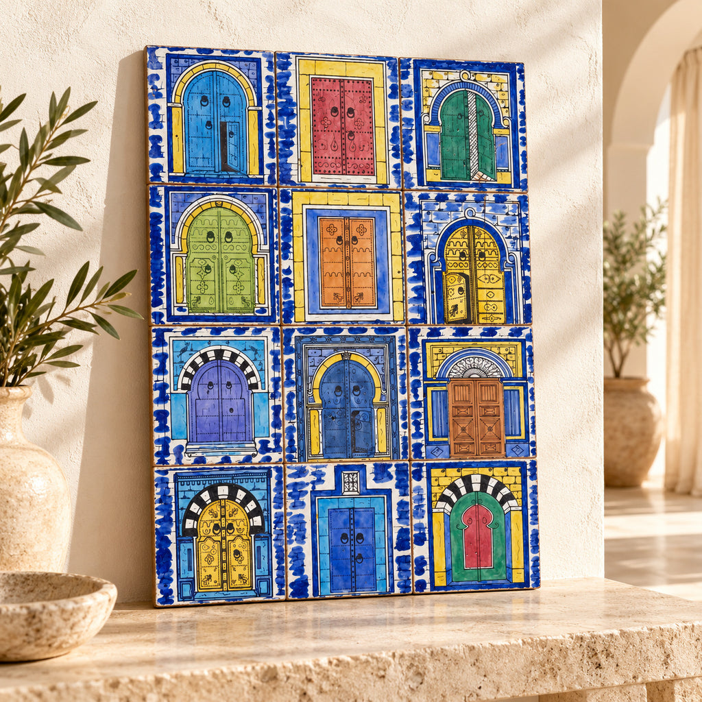 Colourful Door Motifs Decorative Tile Panel — lifestyle setting. AI-generated product visualisation.