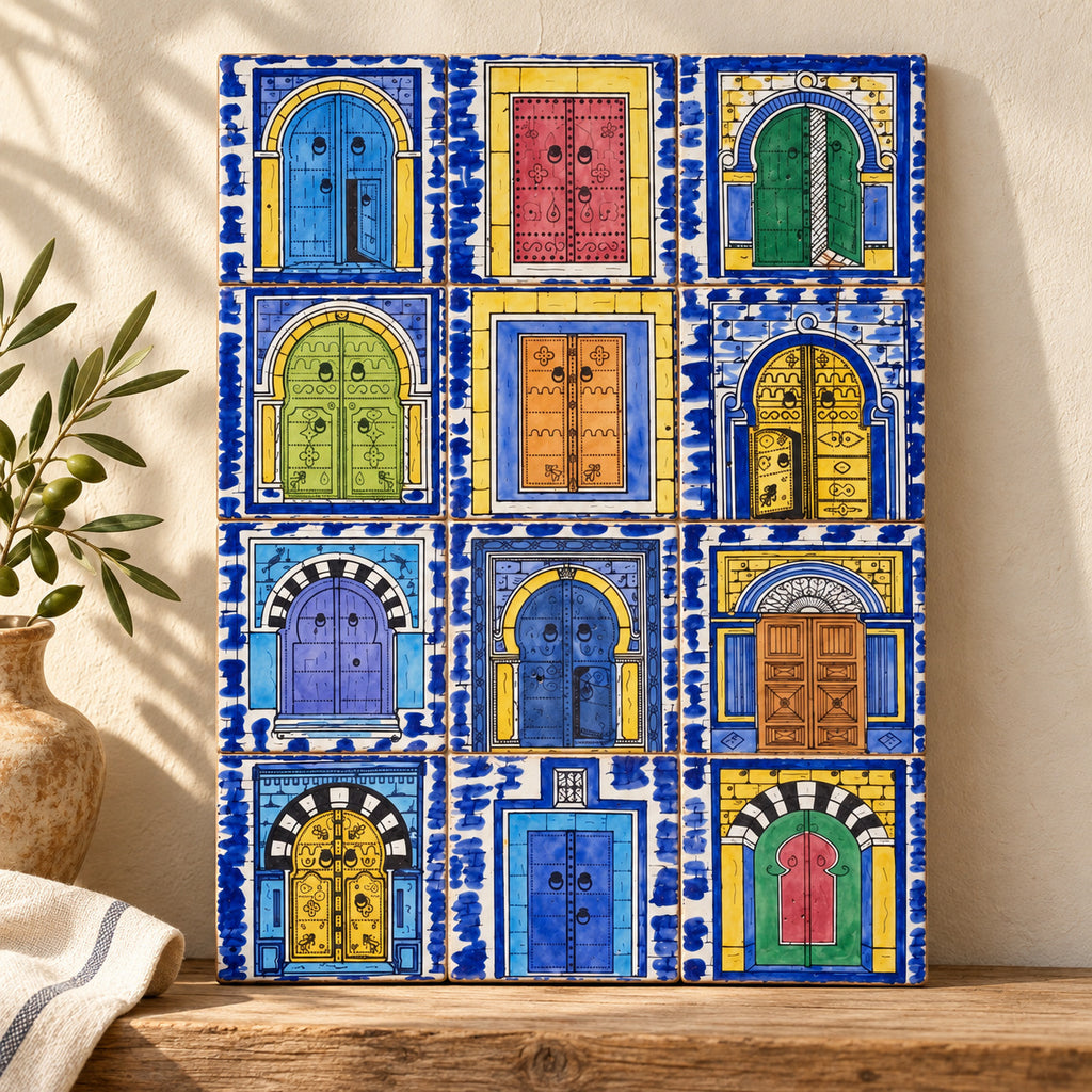 Colourful Door Motifs Decorative Tile Panel — alternative presentation. AI-generated product visualisation.