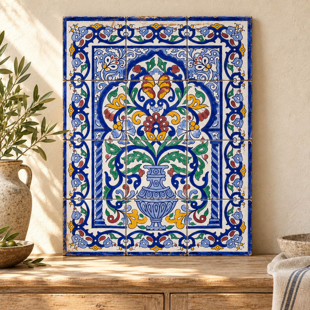 Floral Urn Decorative Tile Panel — styled interior presentation. AI-generated product visualisation.