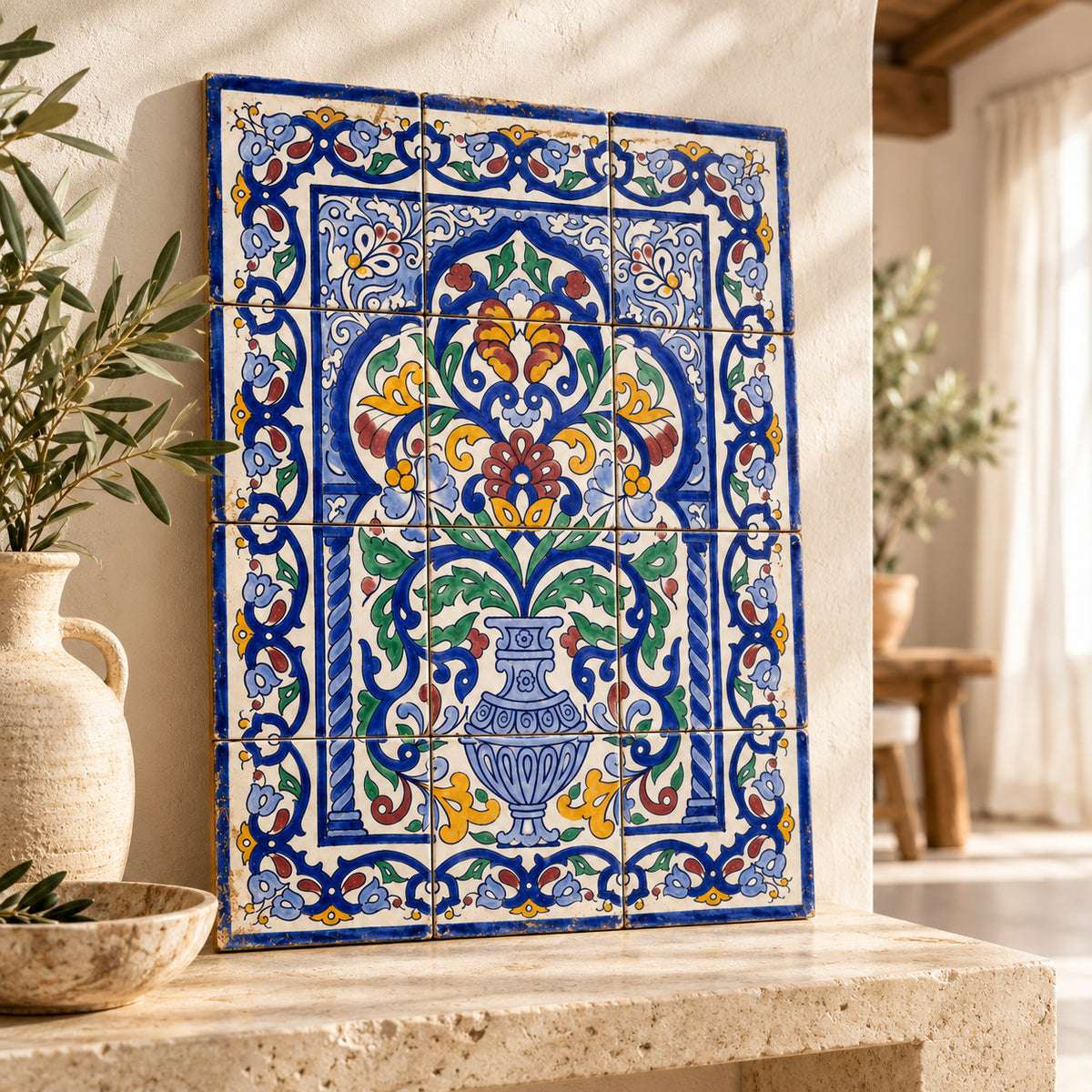 Floral Urn Decorative Tile Panel — lifestyle setting. AI-generated product visualisation.