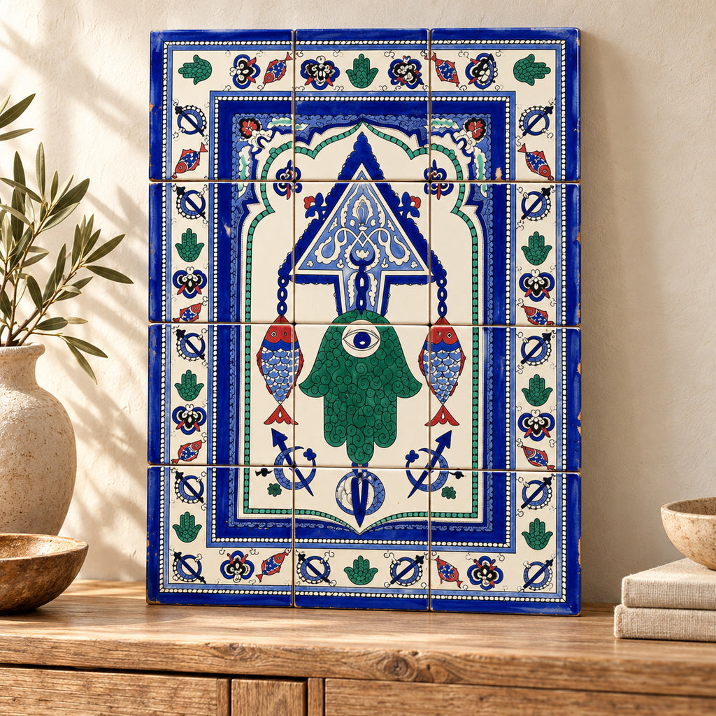 Green Hamsa and Fish Decorative Tile Panel — styled interior presentation. AI-generated product visualisation.