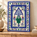 Green Hamsa and Fish Decorative Tile Panel — styled interior presentation. AI-generated product visualisation.