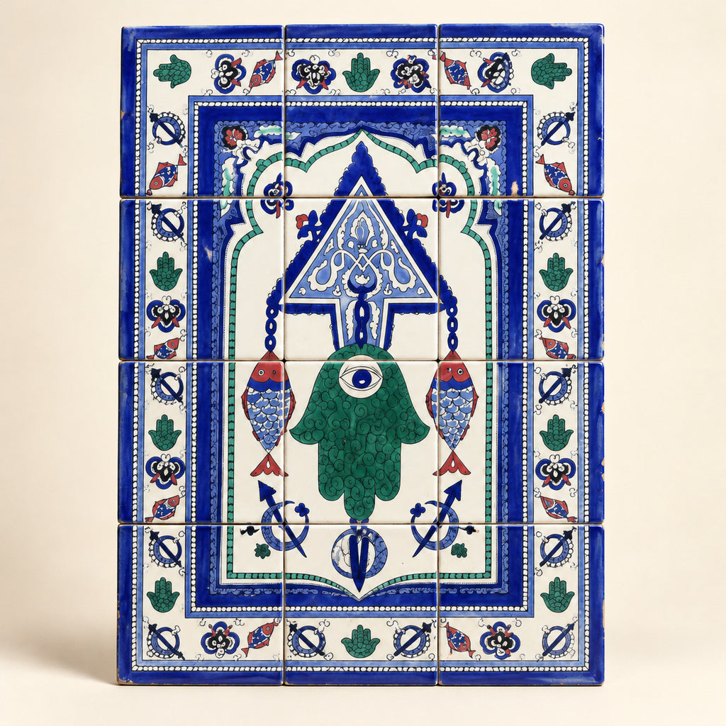 Green Hamsa and Fish Decorative Tile Panel — studio view. AI-generated product visualisation.