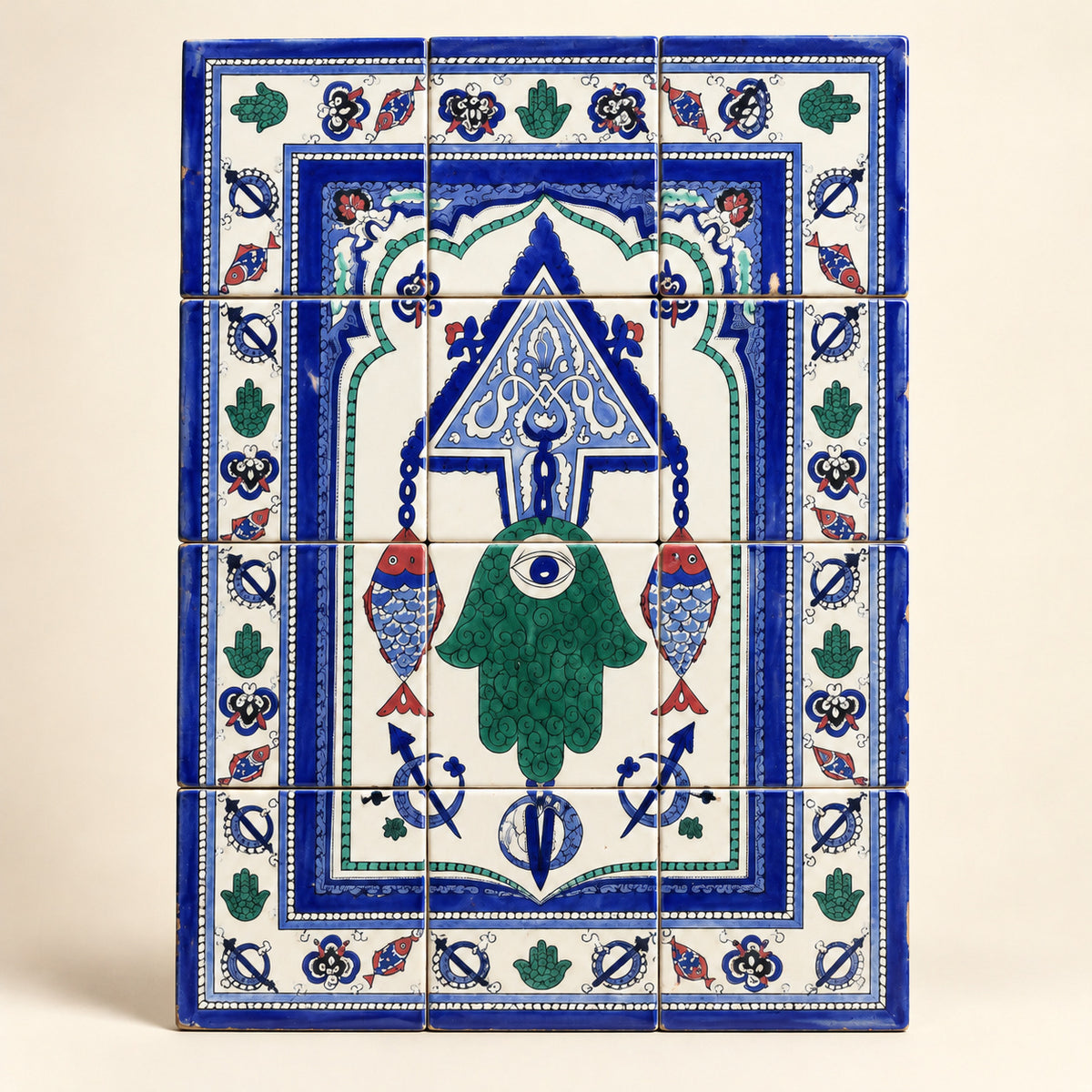Green Hamsa and Fish Decorative Tile Panel — studio view. AI-generated product visualisation.