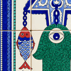 Green Hamsa and Fish Decorative Tile Panel — detail view. AI-generated product visualisation.