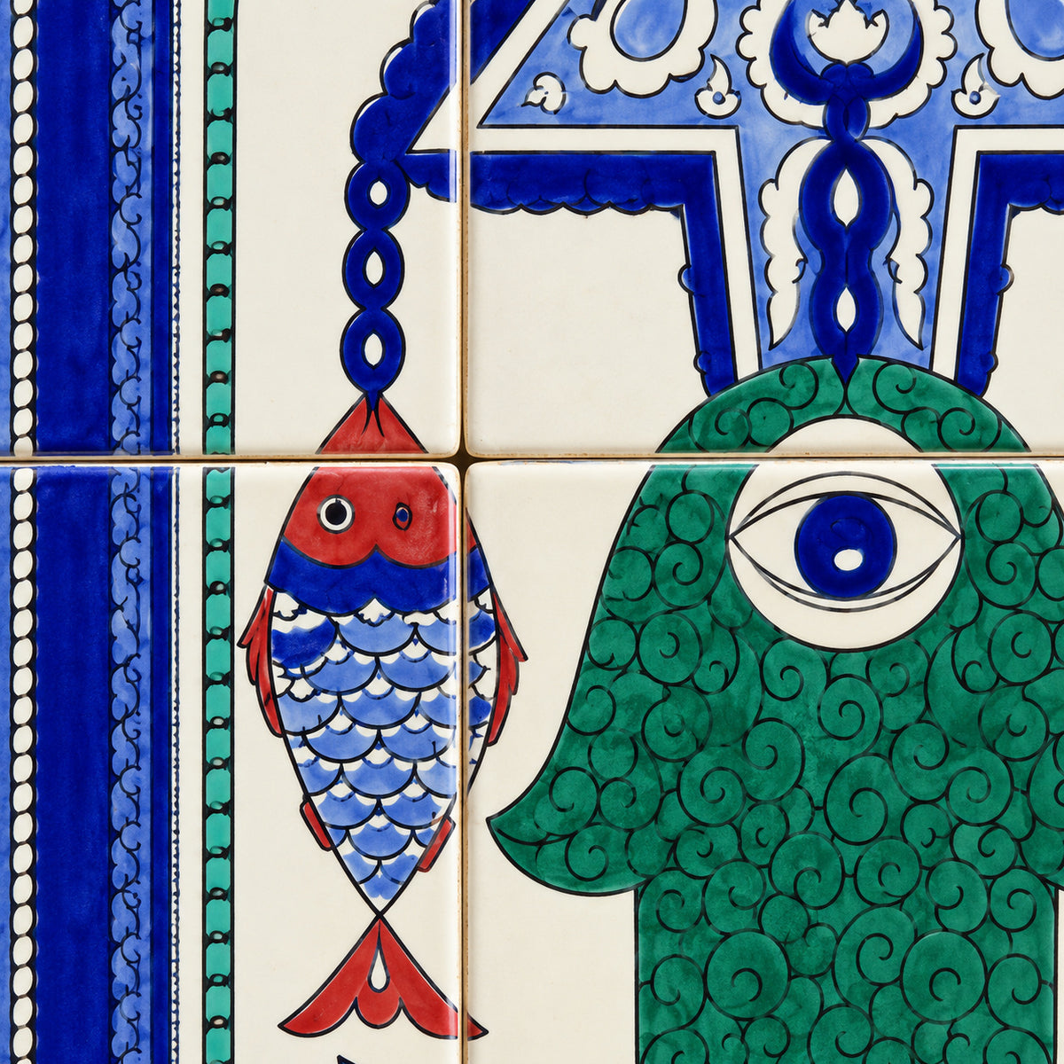 Green Hamsa and Fish Decorative Tile Panel — detail view. AI-generated product visualisation.