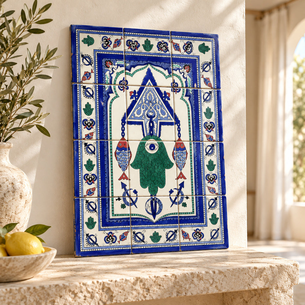 Green Hamsa and Fish Decorative Tile Panel — lifestyle setting. AI-generated product visualisation.