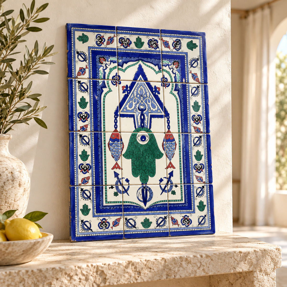 Green Hamsa and Fish Decorative Tile Panel — lifestyle setting. AI-generated product visualisation.