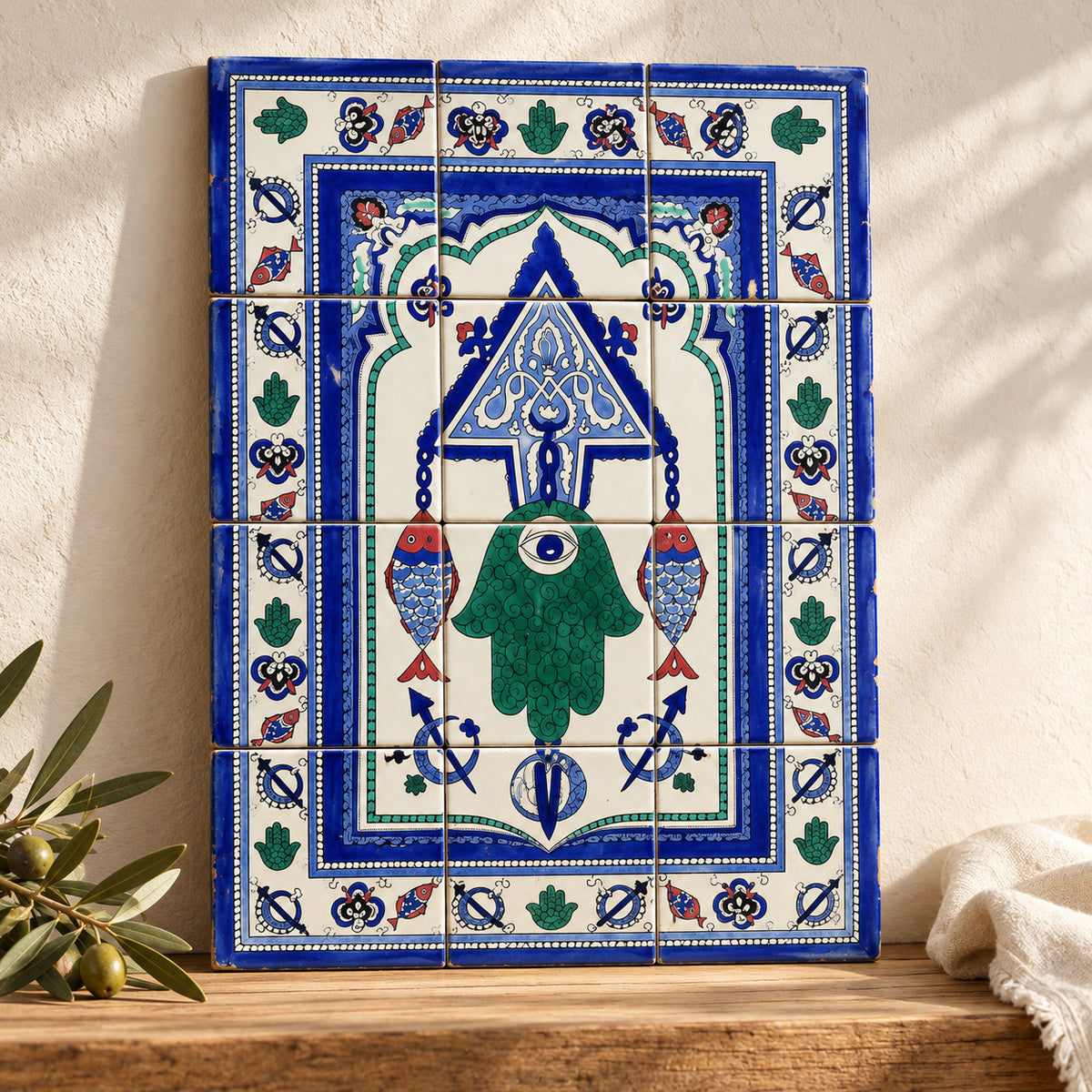 Green Hamsa and Fish Decorative Tile Panel — alternative presentation. AI-generated product visualisation.