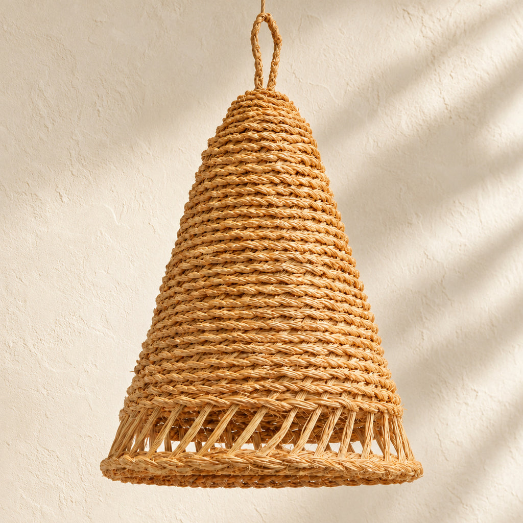 Slim Woven Cone Pendant Lampshade — alternative presentation. AI-generated product visualisation.