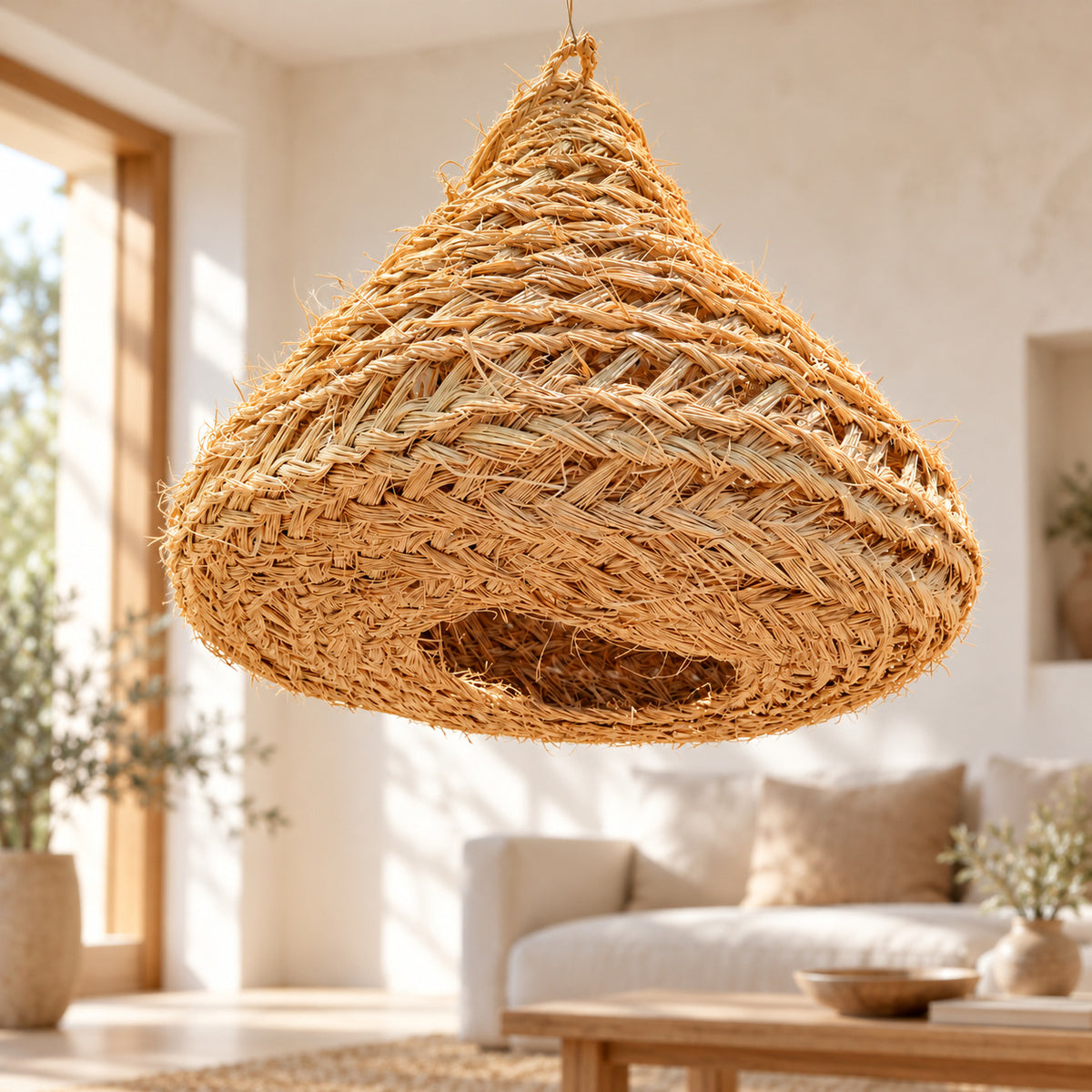 Wide-Base Woven Cone Pendant Lampshade — styled interior presentation. AI-generated product visualisation.