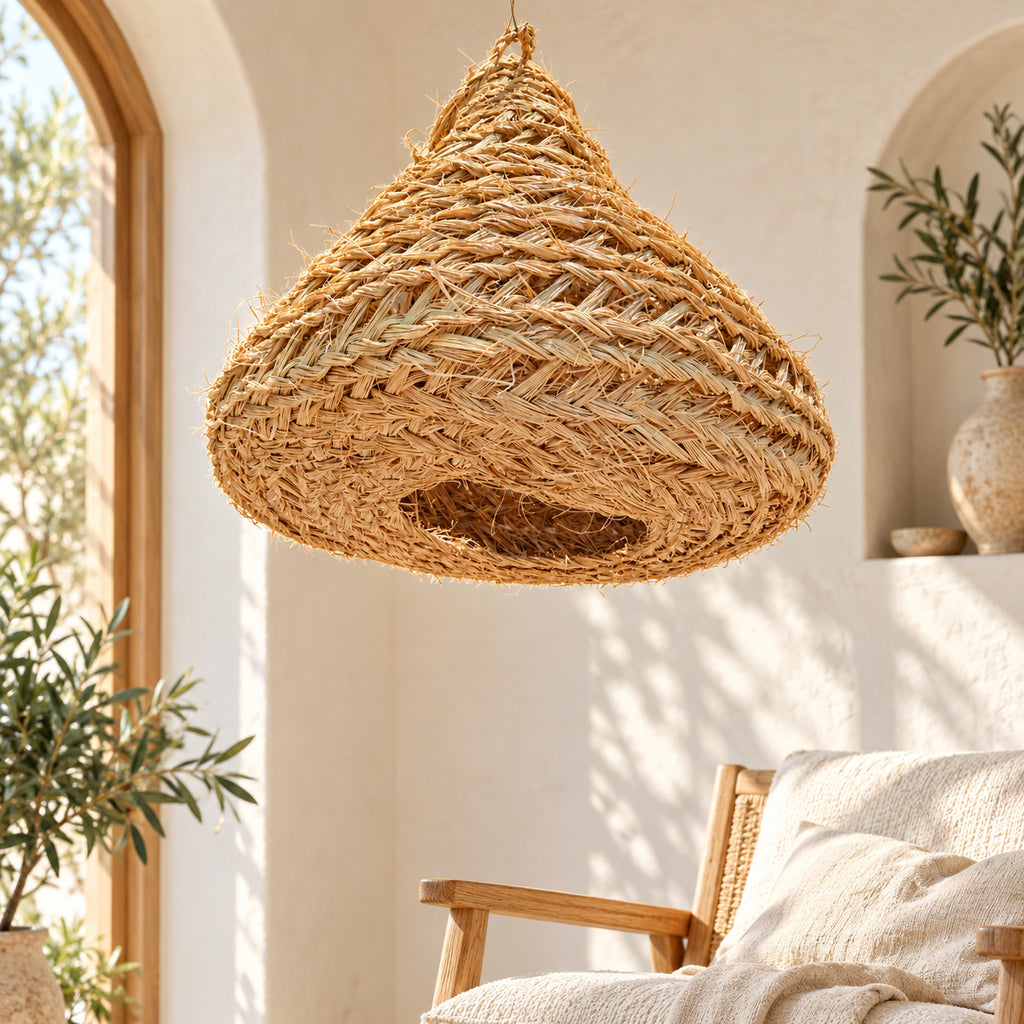 Wide-Base Woven Cone Pendant Lampshade — lifestyle setting. AI-generated product visualisation.