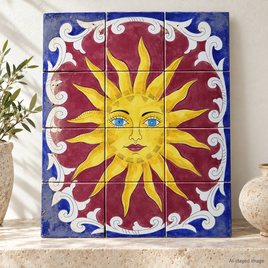 Yellow Sun Decorative Tile Panel — AI-staged light setting, based on the original supplied reference.