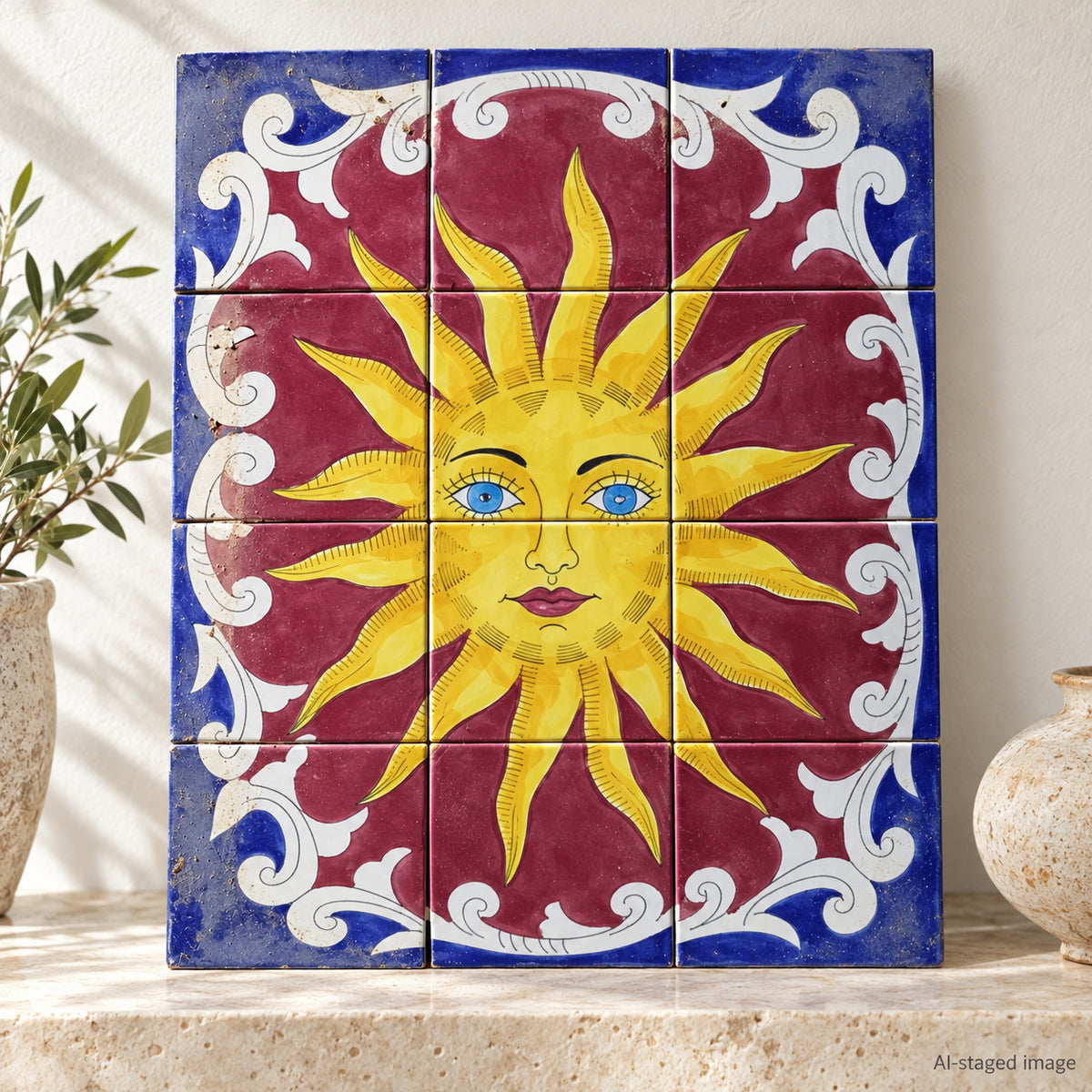 Yellow Sun Decorative Tile Panel — AI-staged light setting, based on the original supplied reference.